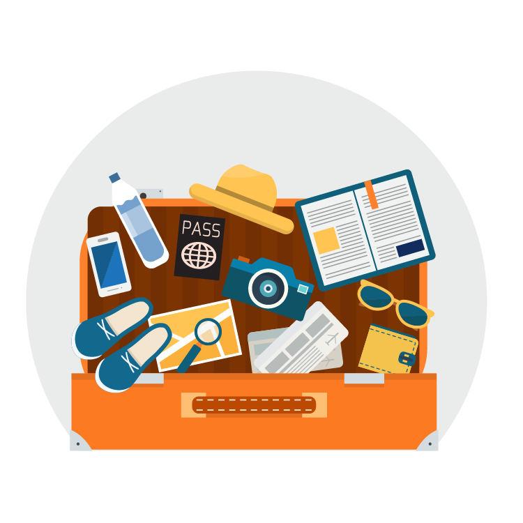 Illustration of a suitcase filled with travel essentials