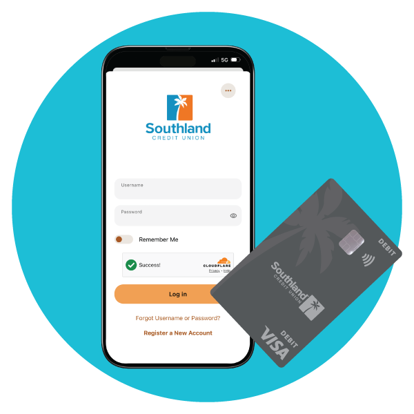 phone with login screen of Southland Mobile next to a Southland debit card