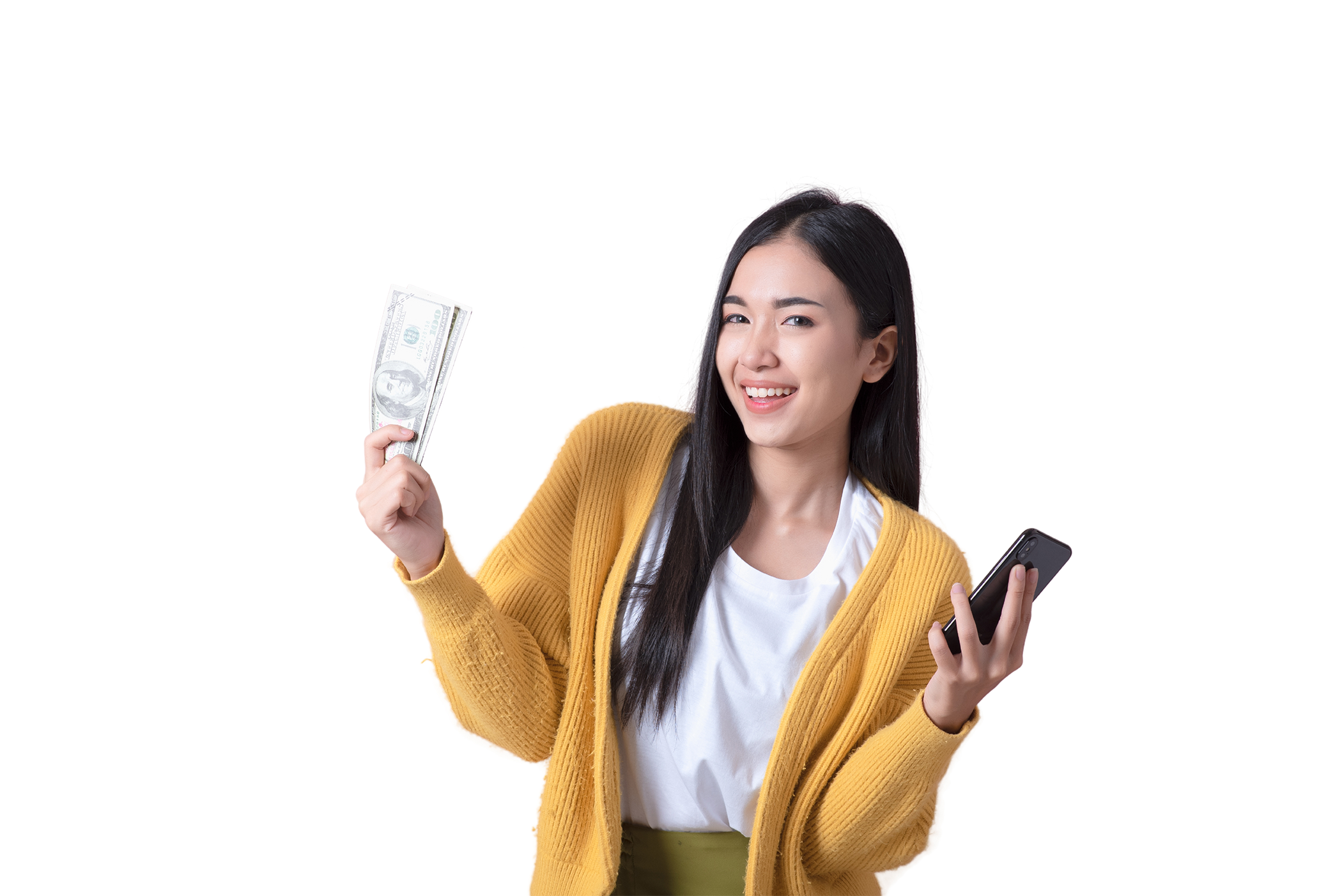 woman holding cash and a phone