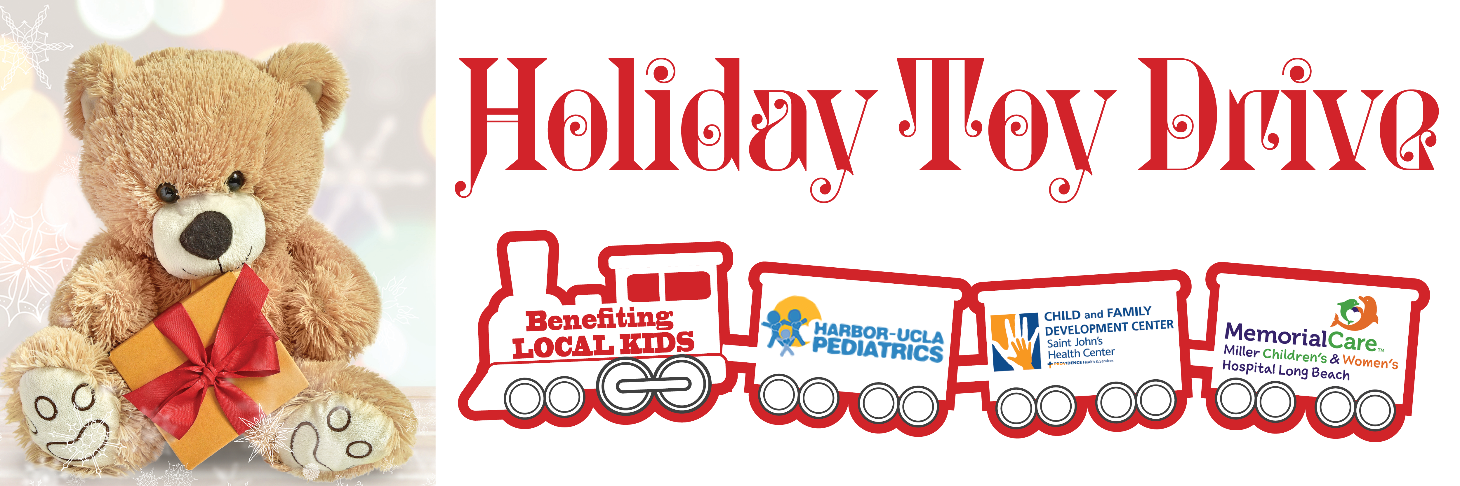 teddy bear holding present-holiday toy drive